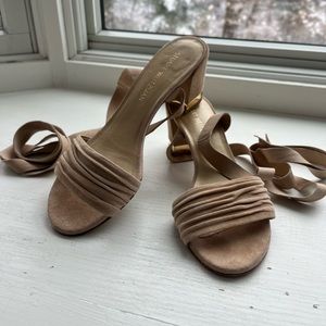 Stuart Weitzman block heel laceup suede sandals in neutral sand color (size 9.5)